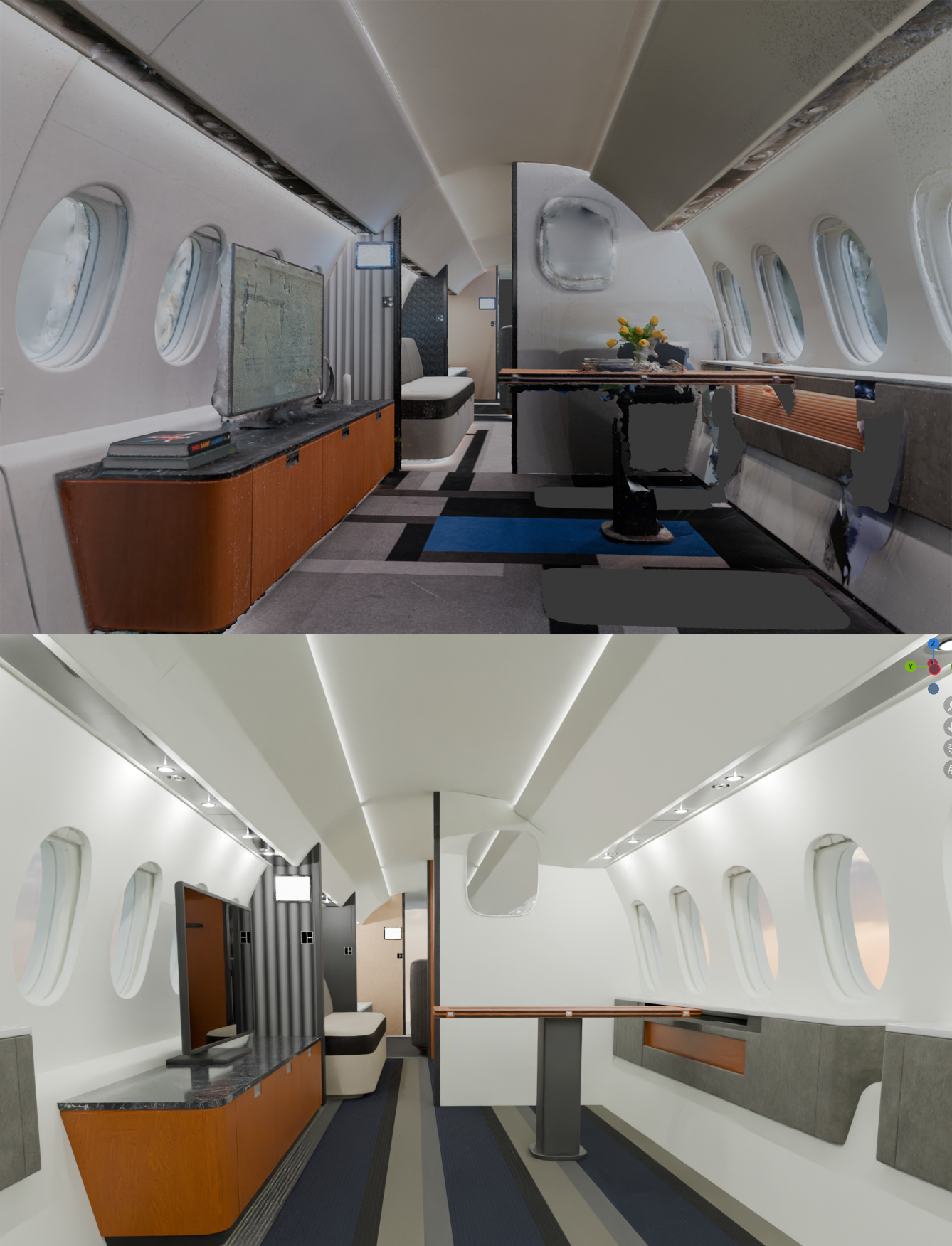 Before and after of an interior airplane scan and retopology